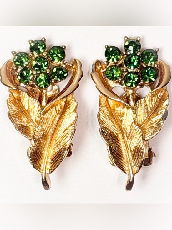 Coro Jewelry - Vintage Coro Green Rhinestone Gold-Tone Leaf Earrings